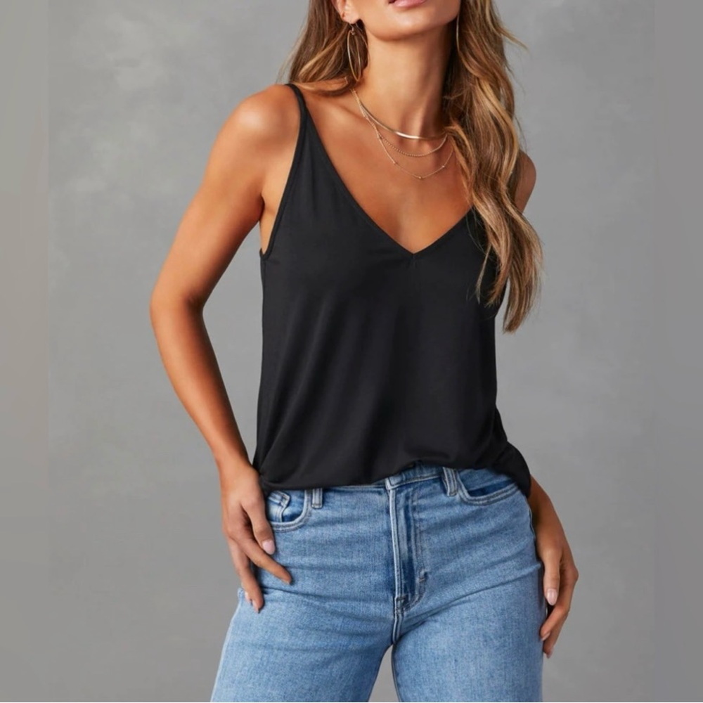 Cherish Black Satin V-Neck Spaghetti Strap Cami Tank Top Medium NWOT